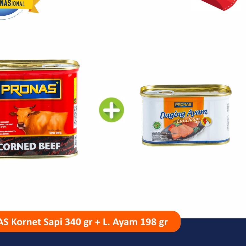 

☊ Pronas Kornet Sapi 340 g dan Luncheon Ayam 198 g bundling 2 pcs ★