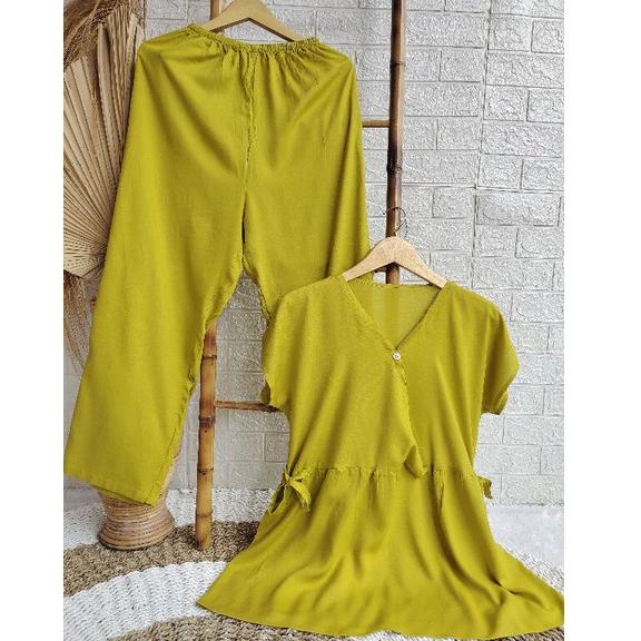 READY set piyama wanita bahan rayon polos setelan kimono panjang pendek set rayon setelan rayon