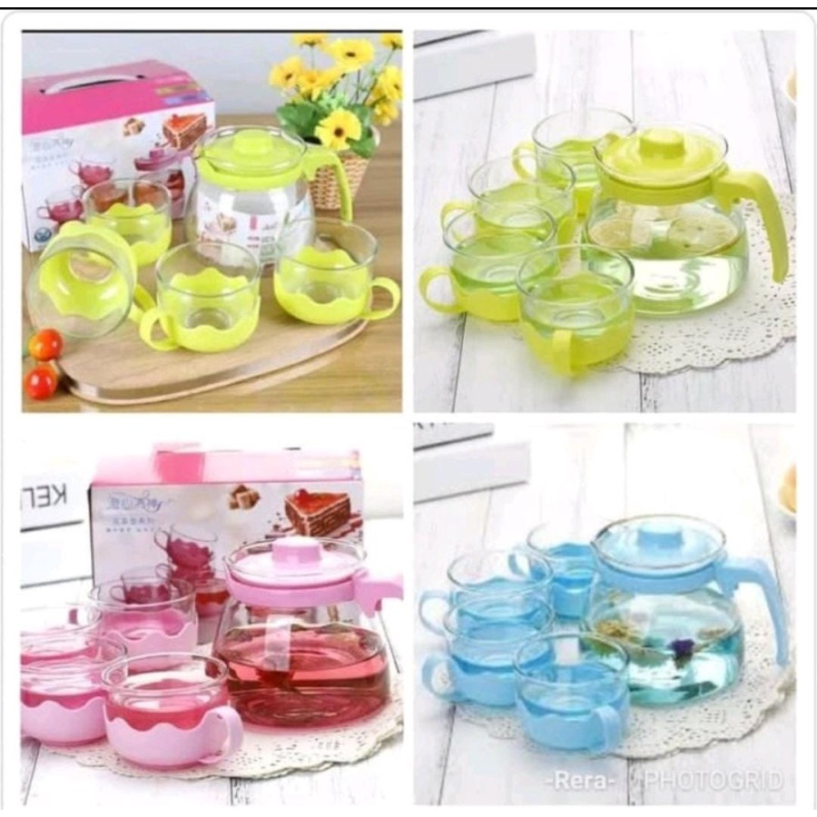 TEAPOT WARNA / TEKO SET CANGKIR KACA TEA POT GELAS