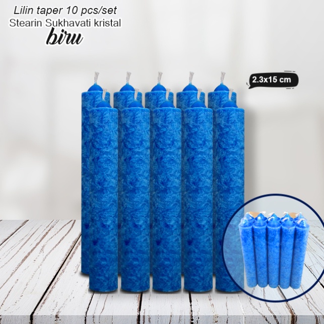 Lilin Batang Biru Taper Candle Stearin Marble Kristal Silinder 15cm