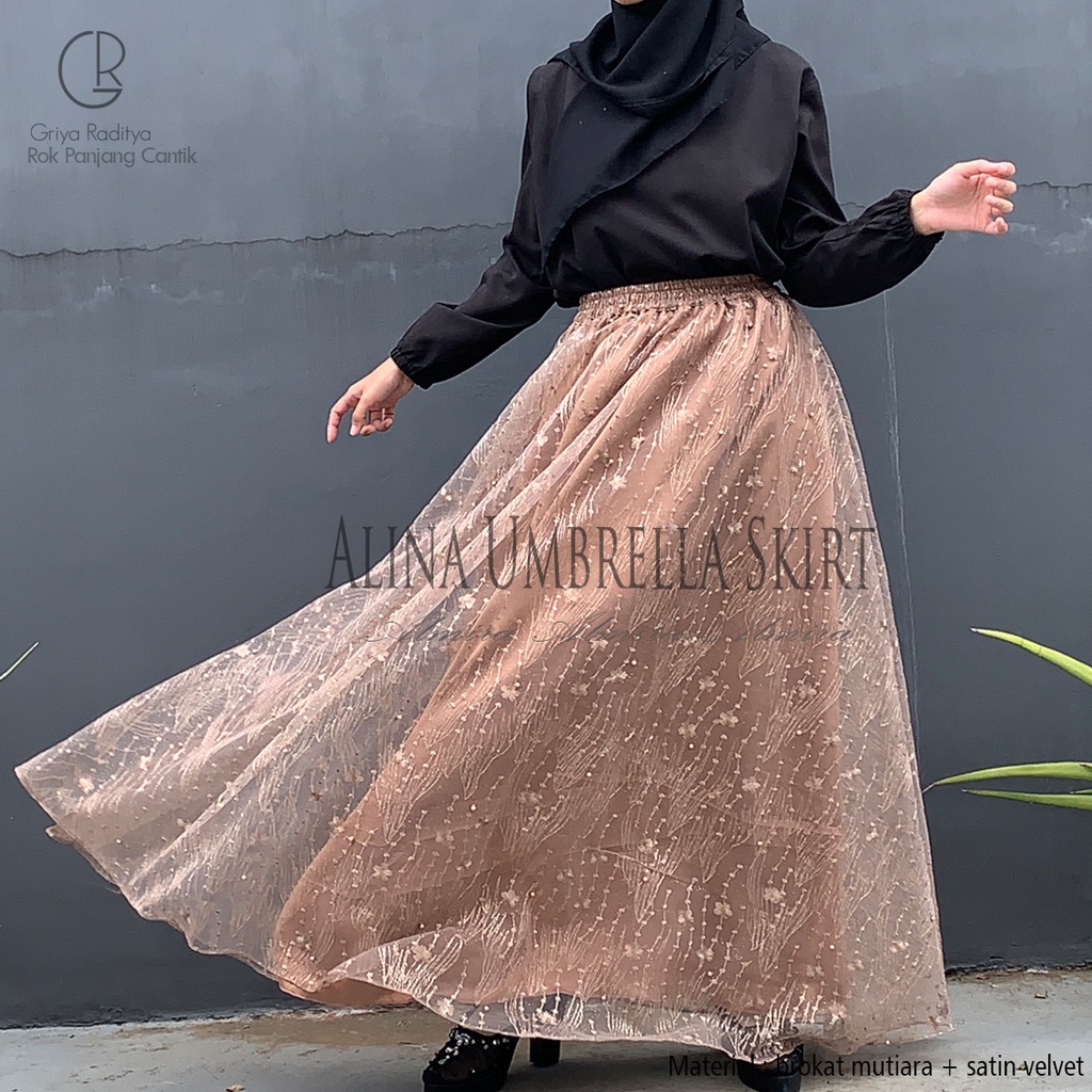 Rok Brukat Satin Payung  Kondangan Alina Umbrella Skirt Brokat Mutiara Almira Panjang 100cm Gratis Potong