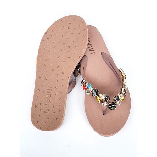 Ingvivi Swarovski Bulat Flat Sandal Jepit Wanita Karet Import Manik Berlian Motek