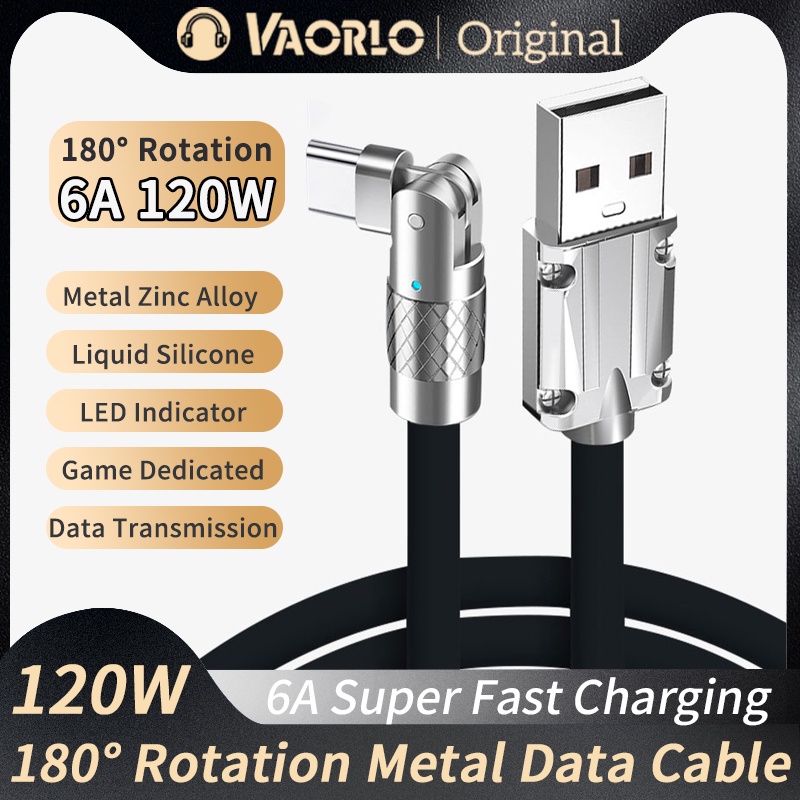 Vaorlo 120W 6A 180° Rotasi Kabel Pengisian Cepat USB Ke Tipe-C Micro-USB Liquid Silicone Metal Charger Line 1.8M Kabel Data