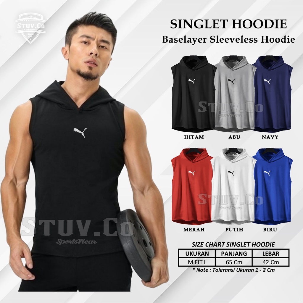 Manset Hoodie Pria Sleeveless Baselayer Singlet Kupluk Olahraga Gym Fitness Futsal Jogging 6 Warna