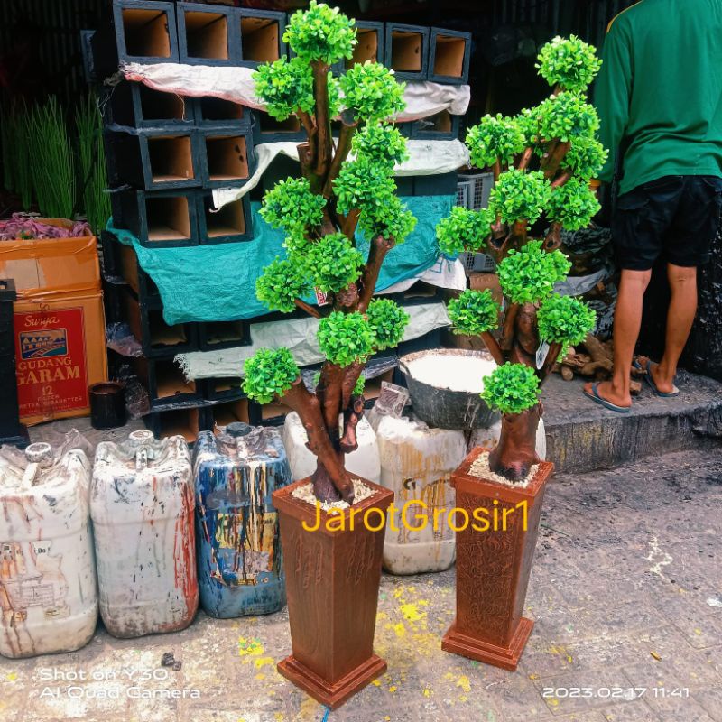 BONSAI BUNGA PLASTIK+POT // BUNGA HIAS ARTIFICIAL DEKORASI SUDUT RUANGAN LENGKAP VAS BATU// TANAMAN 
