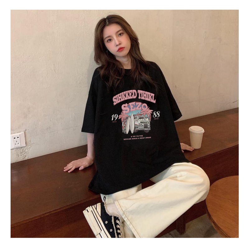 XIAOZHAINV Kaos Atasan Wanita Car Pattern Lengan Pendek A0523