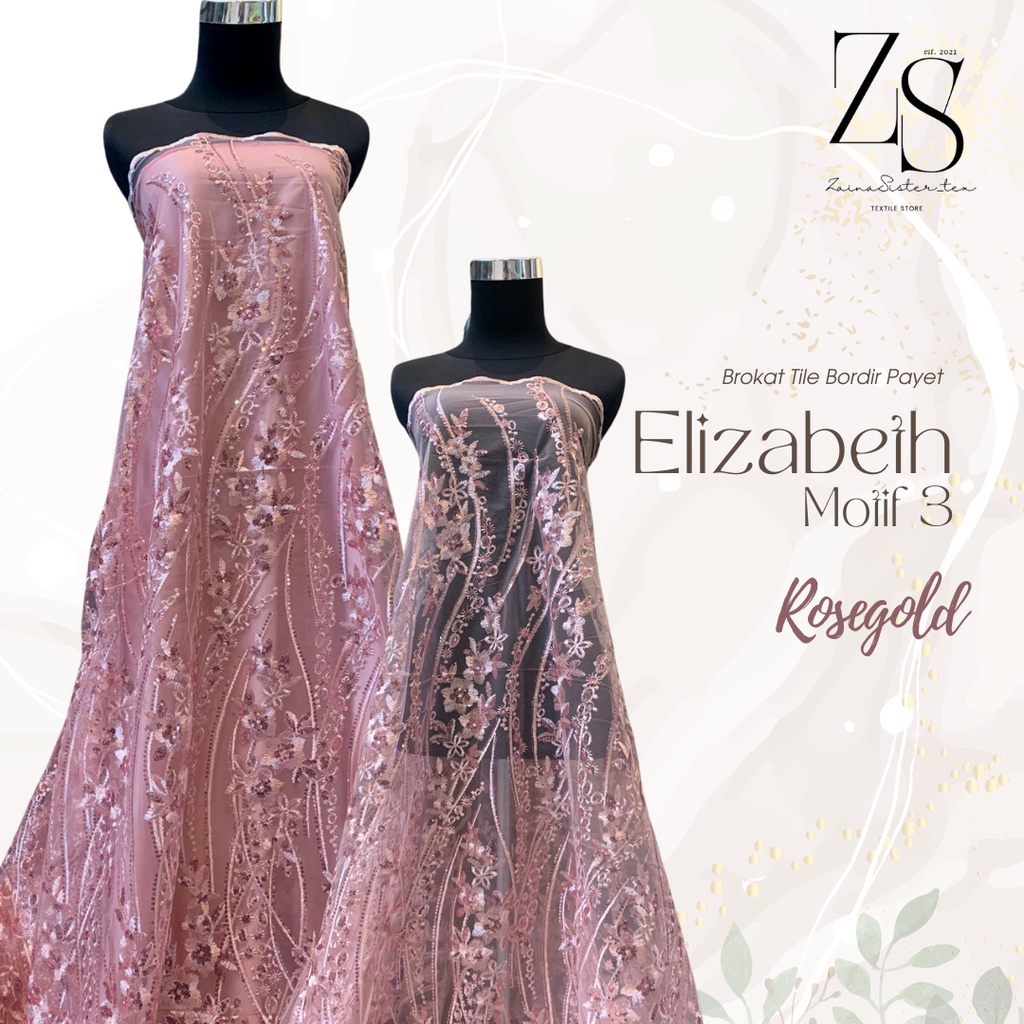 1/2 meter Bahan Kain Kebaya Brukat Tile Bordir Payet Premium Elizabeth 3 Warna Pink Rosegold