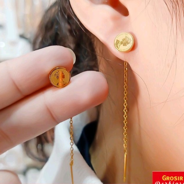 Anting Titanium Jurai Panjang motif Coin Elisbt emas824