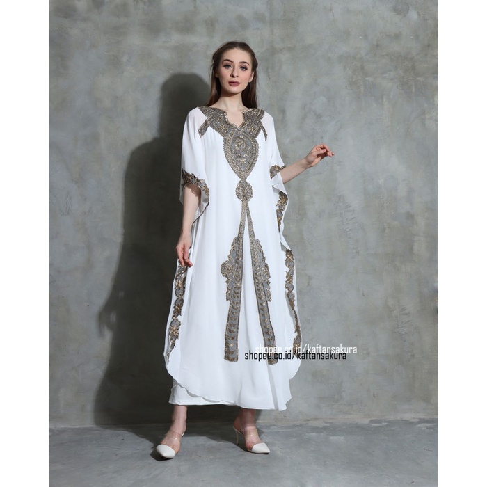 kaftan luna maya coksu bahan siffon love lebaran 2020 terbaru wanita - Putih (W9D7) Kaftan Dress Ove