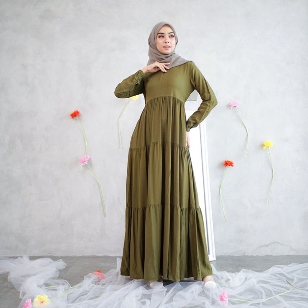 Casandra Basic Bahan Rayon Adem - Gamis Polos - Gamis Ruffle Susun Rayon