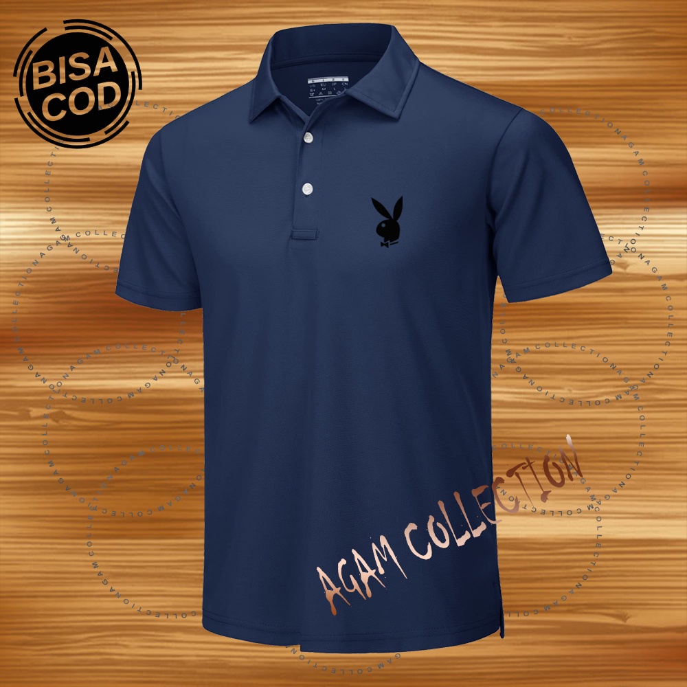 Agam Collection Baju Polo Kerah Distro Playboy Text HItam Lengan Pendek Premium Quality