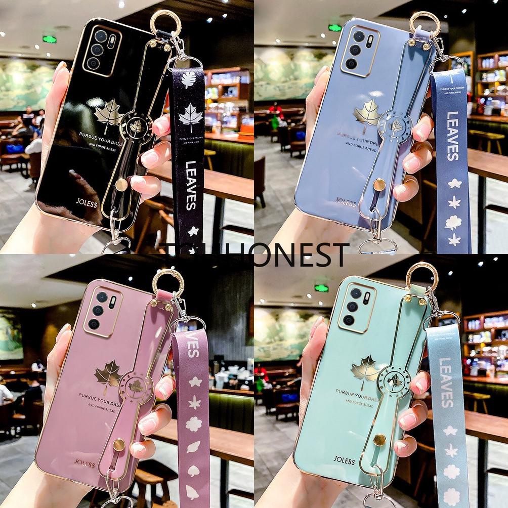 Casing Oppo A16 Case Oppo A15 Case Oppo A15S Case Oppo A35 Cassing Oppo A16E Case Oppo A16K Phone Case Oppo A16S Case Luxury Wrist Strap Holder Soft Silicone Rubber Cases New Maple Leaf Wristband