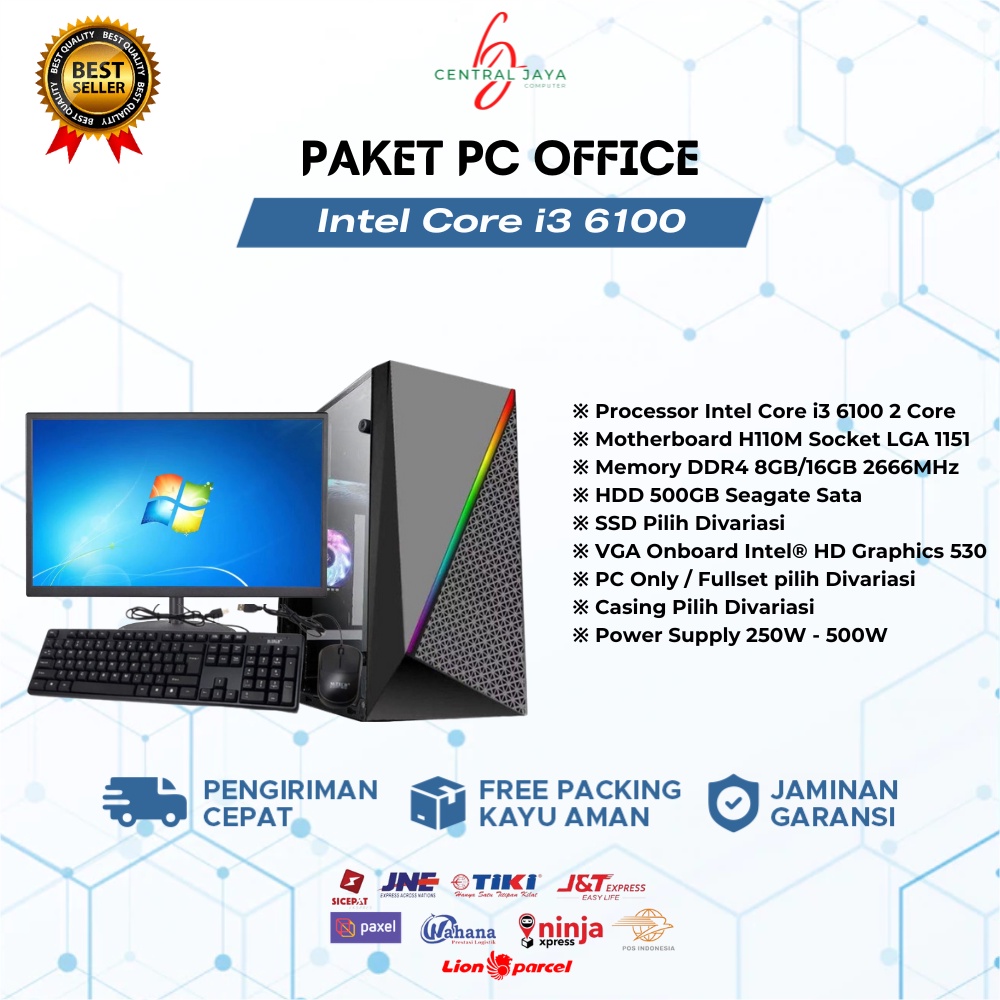 PC Fullset Rakitan Office Intel Core i3 6100 RAM 8GB HDD SSD Monitor 19 Inch / komputer rakitan full set desktop kantor sekolah