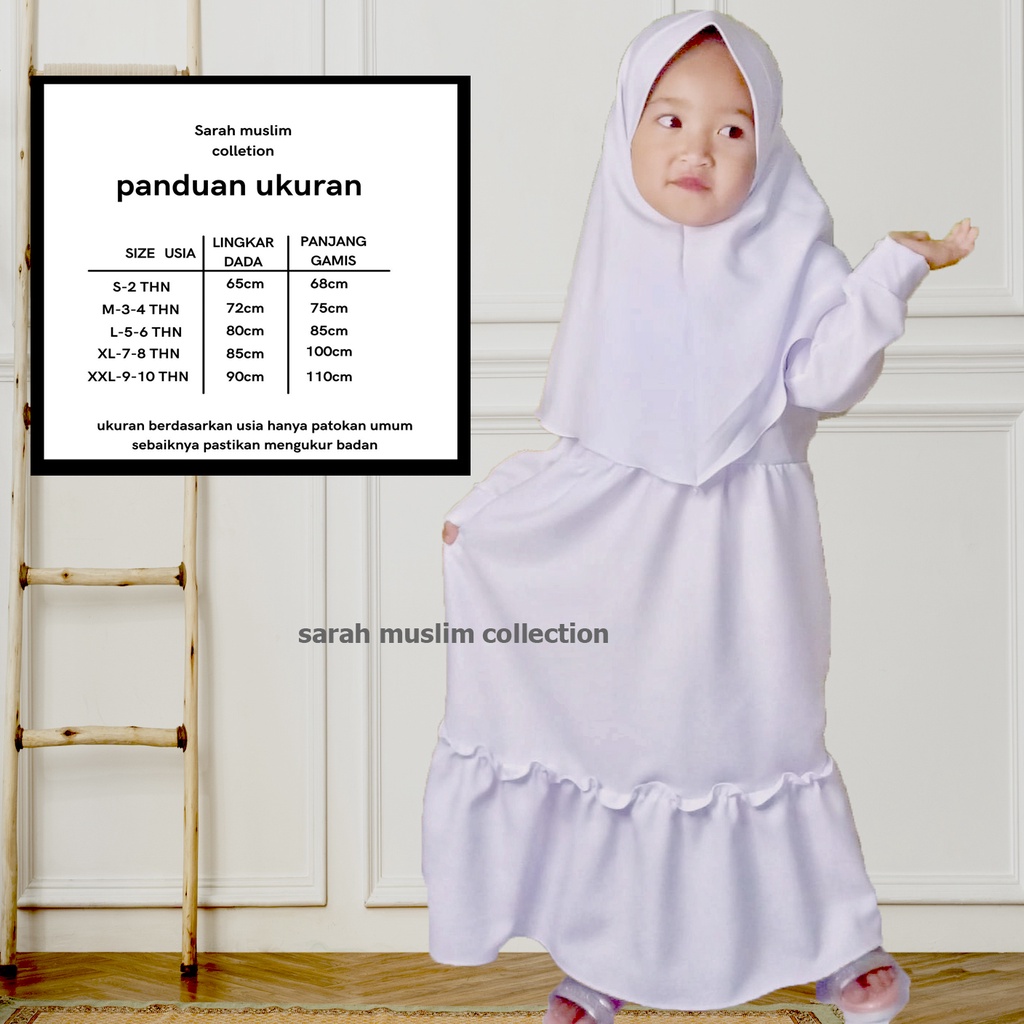 Baju muslim anak cewek set jilbab/hijab putih nabila kids untuk 2 sampai 10 tahun sarah muslim colle