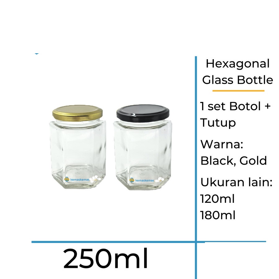 250ml Botol Kaca Hexagon / Toples Jar Kaca Madu segi enam + Tutup