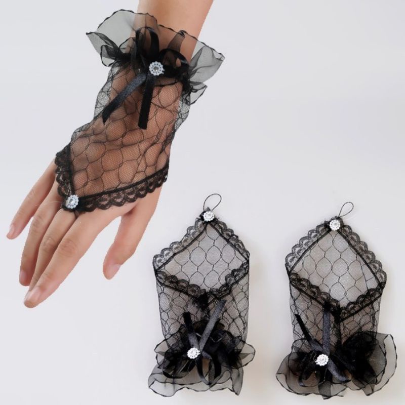 1 Pasang Sarung Tangan Pendek Lace Sarung Tangan Pesta Lace Pita Jaring Halus Women Stretch Lace Gloves