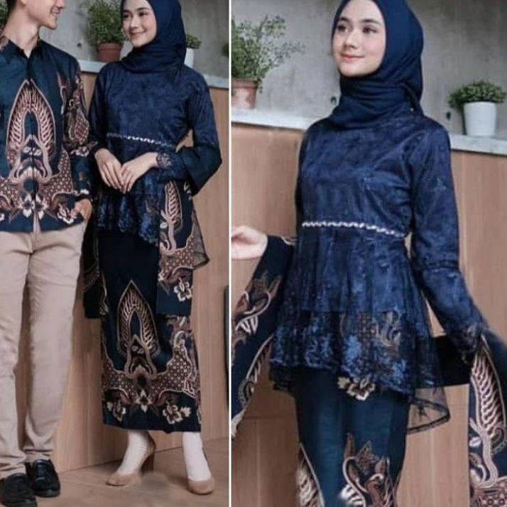 ℮ Couple Kebaya Modern Baju Wisuda Tunangan Lamaran Terbaru Baju Batik Brokat Couple navy ☂