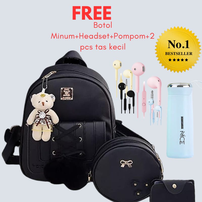 Tas Ransel Wanita New Stylish Backpack Ransel Jalan Jalan Tas Kuliah Wanita 4in1 Free Botol Minum