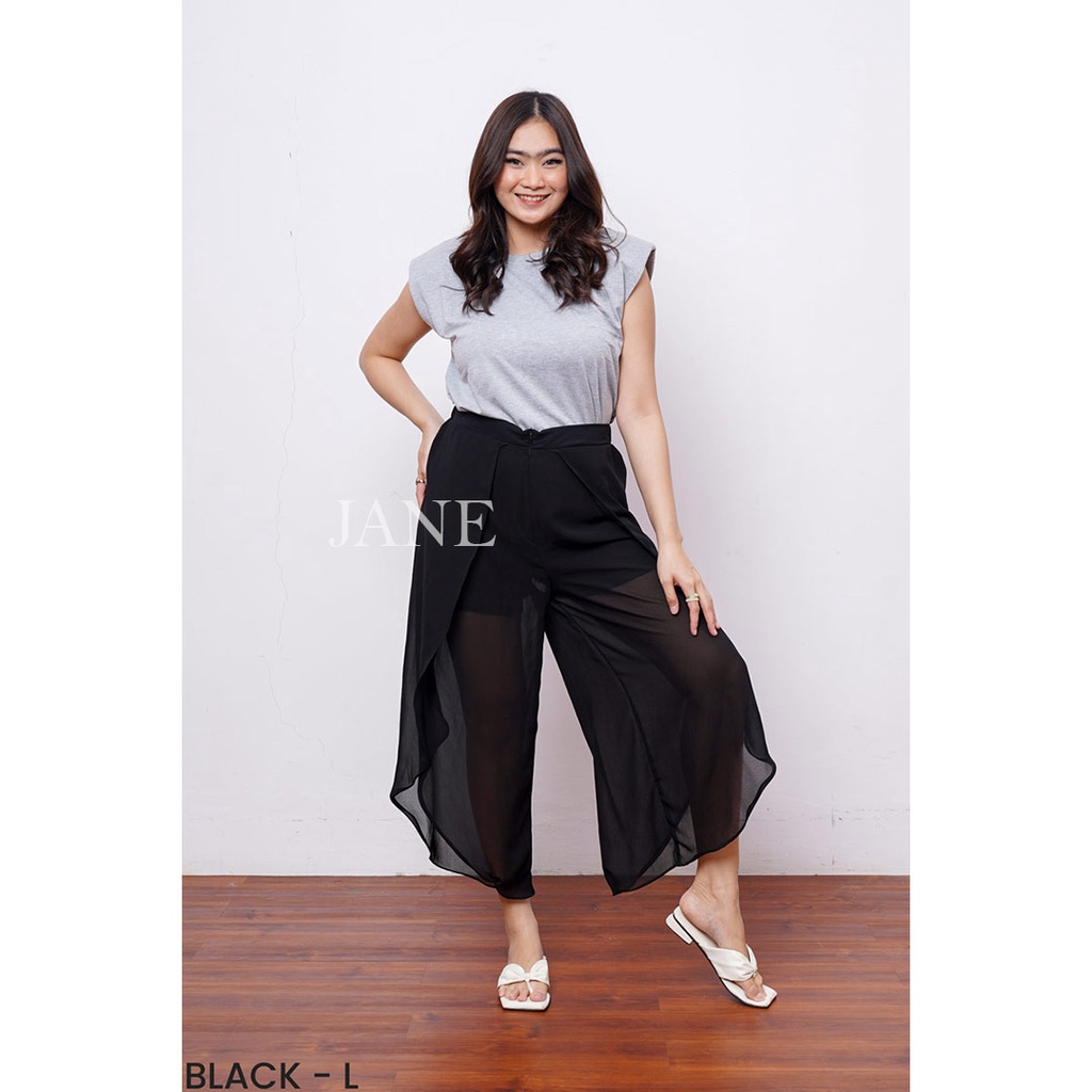 JANE COLLECTION || Celana Panjang Wanita Hitam Bawahan Wanita Bigsize See Through Pants Jumbo Celana Pantai Side Slit Pants Escarpat Pants