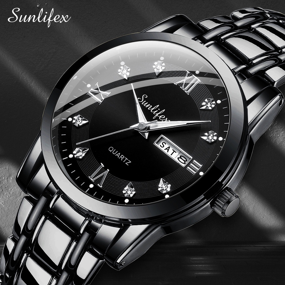 Sunlifex Jam Tangan Pria Original Kuarsa Tali Stainless Steel Calendar Mewah Mode Pria Jam Tangan Cowok Anti Air-AllBlack-1