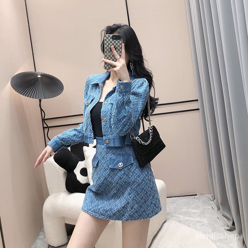 [✅BISA COD] #Sisjuly# Setelan busana denim wanita atasan jaket pendek berdada tunggal + rok pendek s