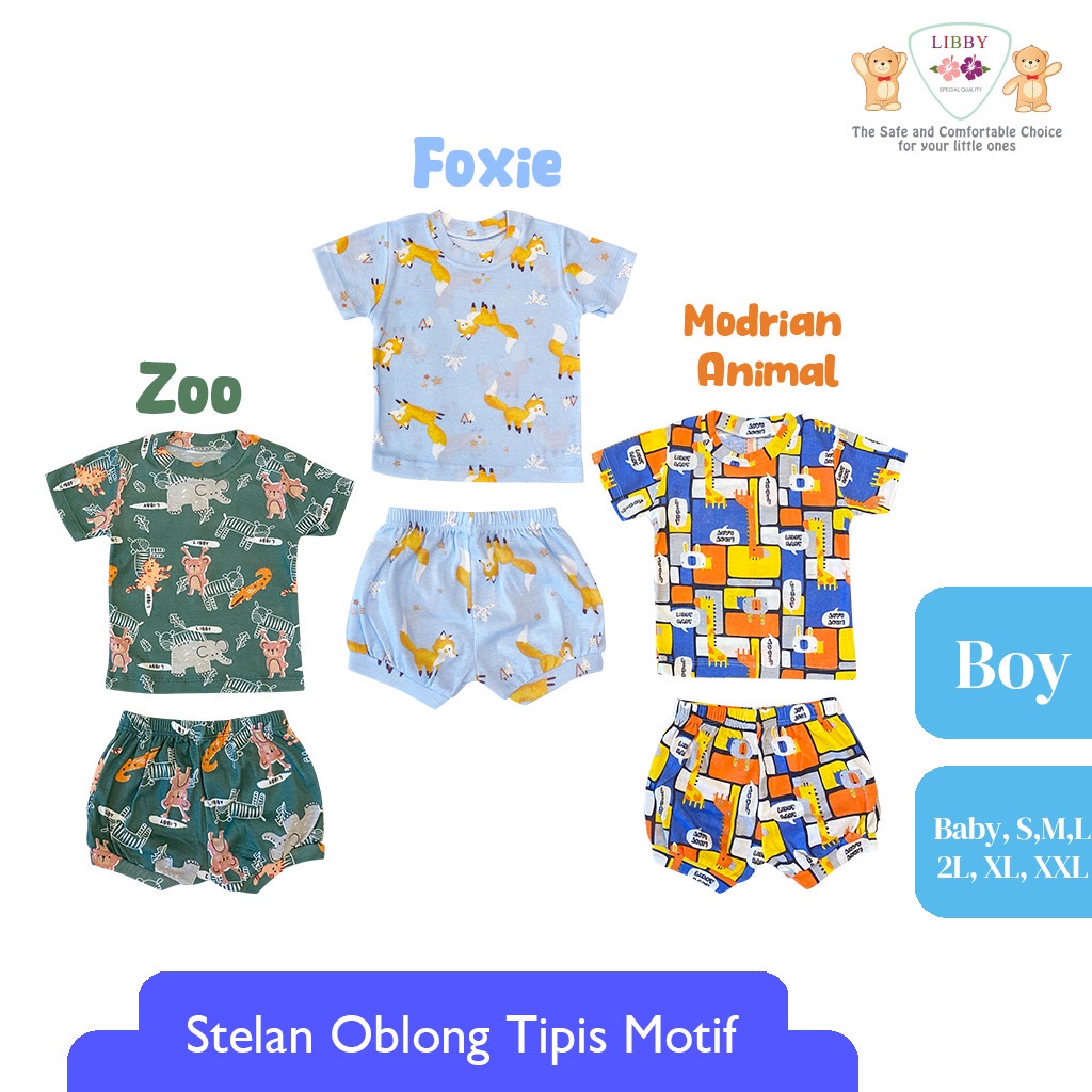 LIBBY Stelan Oblong Cotton Rib Pendek - Celana Pendek Series Boy Motif Happy Farm dan Play The Ground 1stel (Tersedia varian motif dan ukuran)