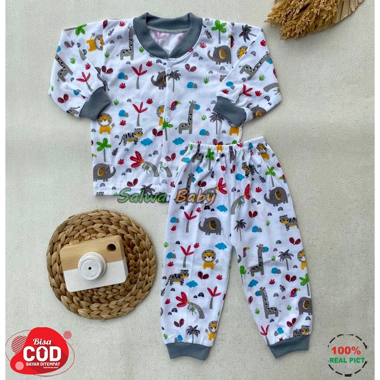 Setelan Baju Bayi Piyama Bayi Lengan Panjang Kancing Depan Motif Zoo Usia 3-12 Bulan Anababy