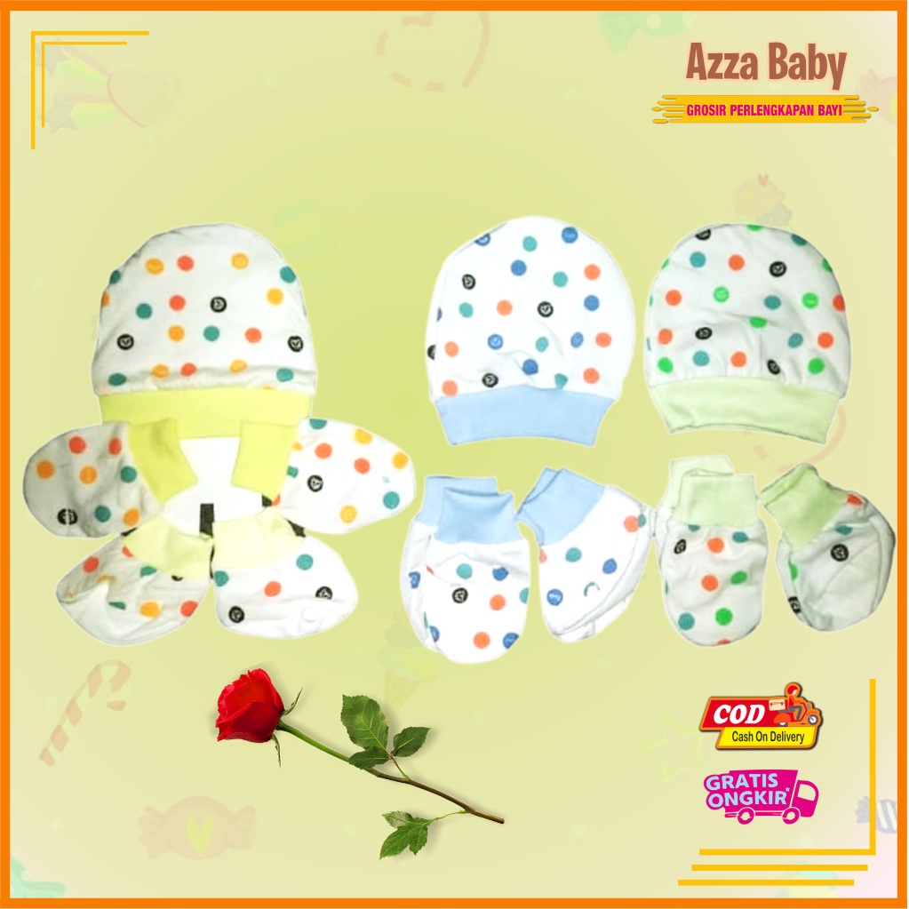 Set topi bulat Sarung Tangan Kaki bayi Polkadot Newborn Murah Grosir Set Topi sartaki