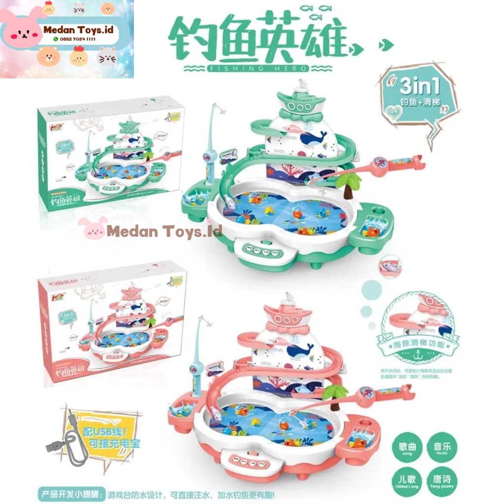 Medan Toys - Mainan Pancingan 3 in 1 Pancingan Ikan Magnet Seluncuran Dolpin Dan Piano Mini Terbaru