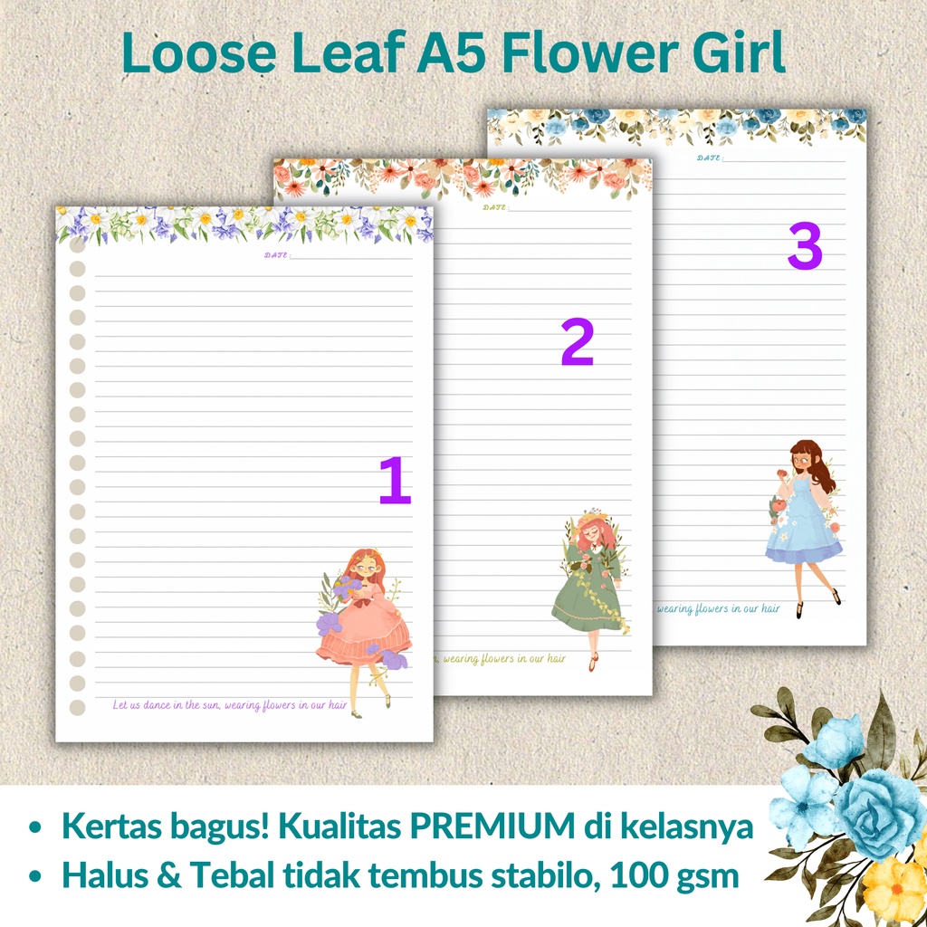 

Loose leaf Isi Kertas File binder A5 Tebal - Flower Girl / Line Grid Dotted Blank Garis Kotak Titik Polos \ CHESTER LIVING