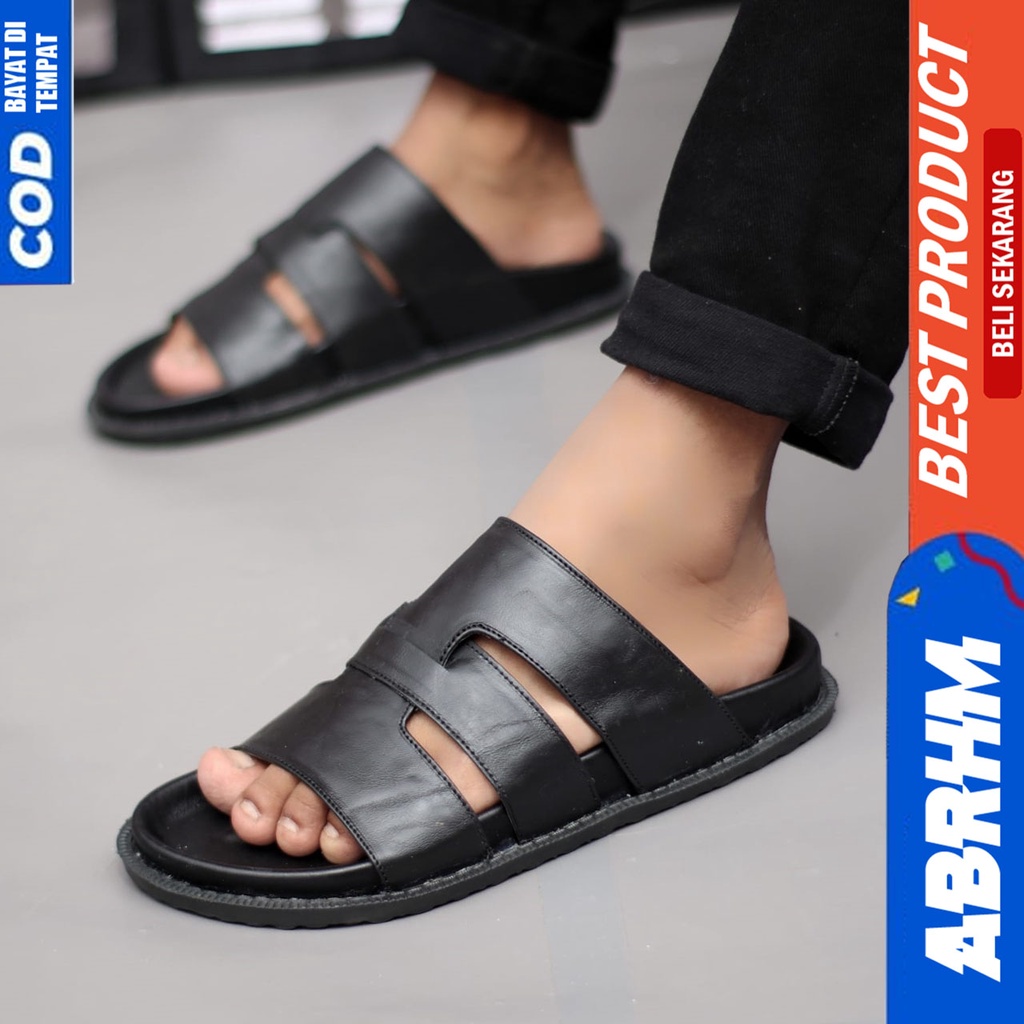 Sandal Slide Pria Casual Kulit Asli Sendal Selop Pria Hitam Abrhm Frankie