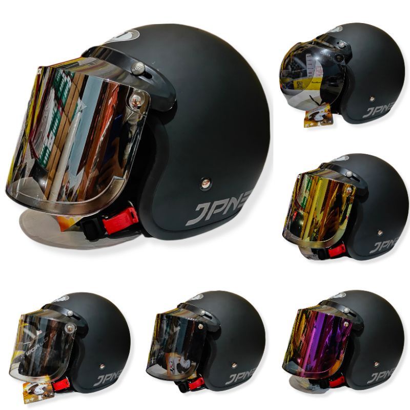 HELM BOGO JPN RETRO HITAM DOP KACA DATAR&CEMBUNG