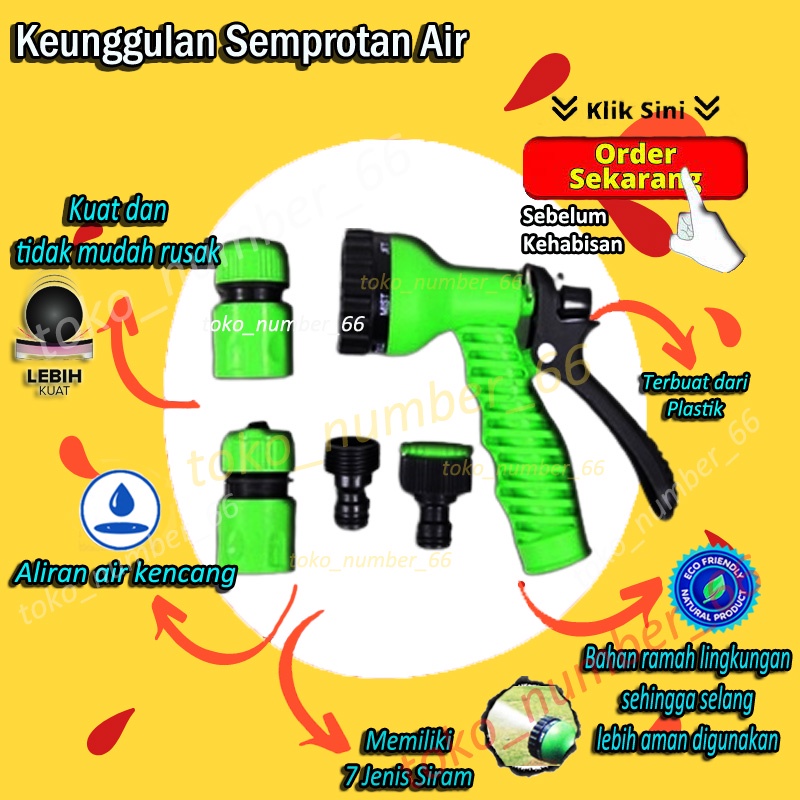 SEPAKET KEPALA SEMPROTAN SELANG AIR 1/2 5/8 1 ROL 5 METER WATERGUN7 JET SPRAY TAMAN KEBUN TERLARIS