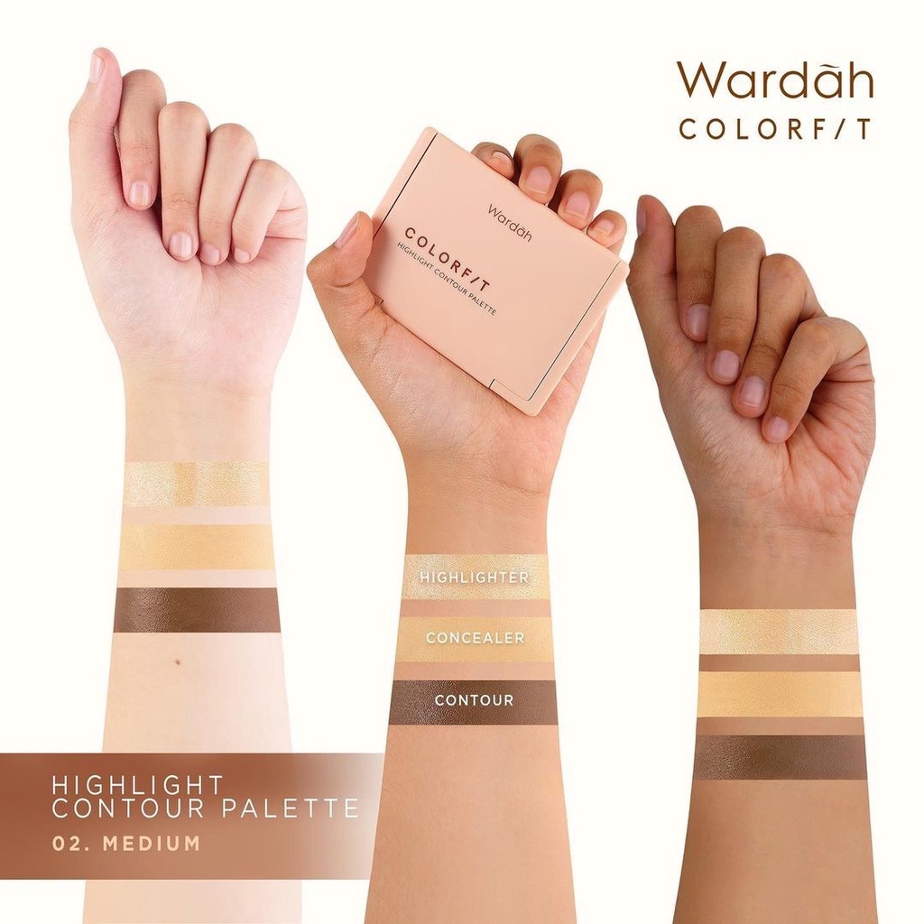 WARDAH Colorfit Highlight Contour Palette Indonesia / 3 IN 1 Highlighter Contur Concealer / Intense Blendable / Creamy Shimmer Natural Pigmented Look Savvy Soft Focus Halus Palet / 01 Light 02 Medium / Cosmetic Makeup Face Eye Makeup / Eyeshadow Series