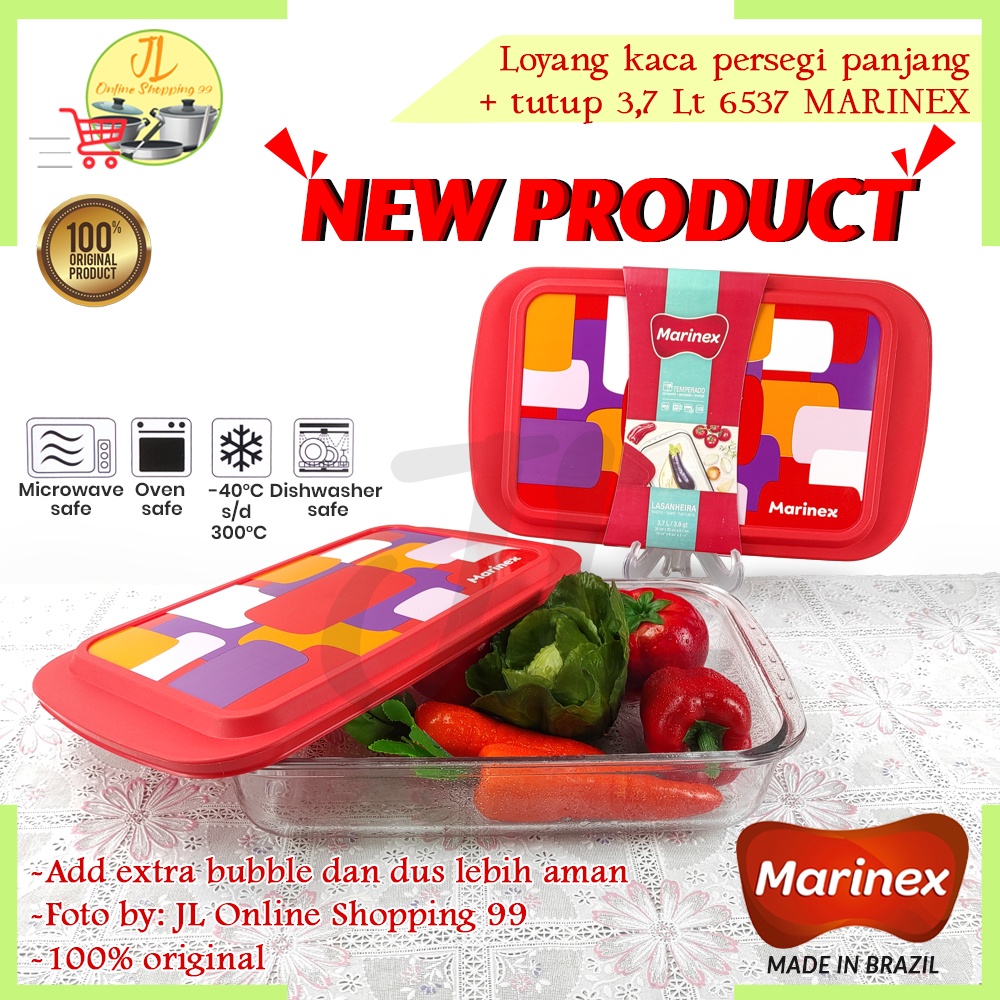 MARINEX loyang kaca persegi panjang + tutup silicon tahan panas 3,7liter 6537 / wadah saji prasmanan