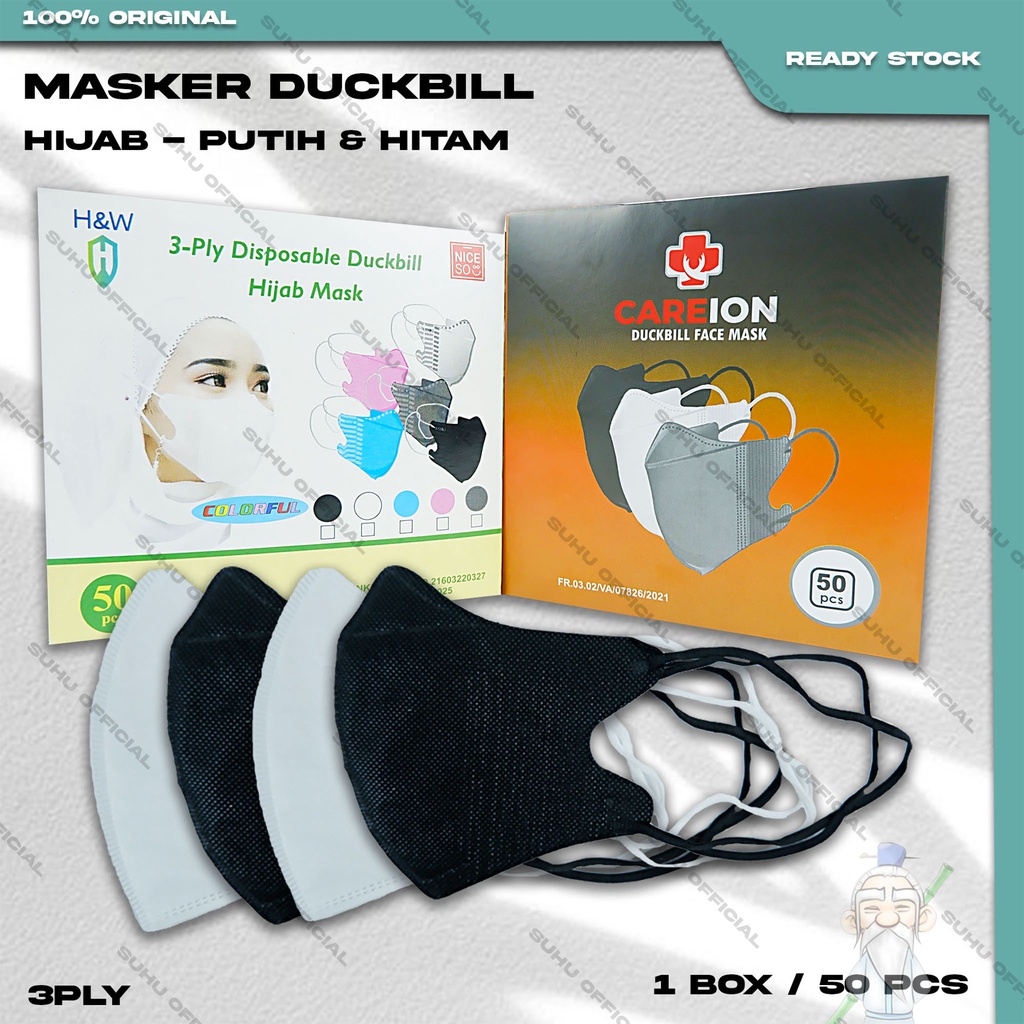 ❤️ SUHU ❤️ Masker Duckbil Hijab isi 50Pcs Warna Putih Hitam Abu Warna Duckbill Headloop Surgical Mask Kemenkes