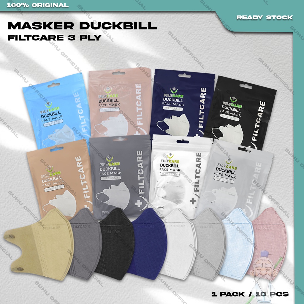 Masker Duckbil FILTCARE 3Ply isi 10Pcs Putih Hitam Abu Warna Duckbill Earloop Surgical Mask Kemenkes