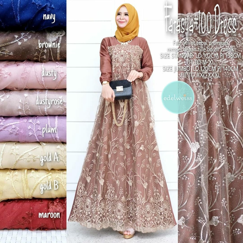 Farasya Dress #100 Brukat Tile Mutiara Bahan Velvet Tebal Premium Gamis Kondangan Super Jumbo xxxl Ld 130cm Gaun Pesta Resepsi Akad Pernikahan Seragaman Bridesmaid Outfit Kondangan Terbaru Gamis Lebaran Remaja Muslimah Terlaris