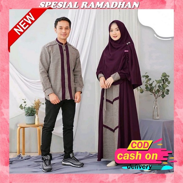 Gamis Couple Pasangan Lebaran Lengan Panjang Terbaru 2023 Baju Muslim Suami Istri Batwing Tina Gamis