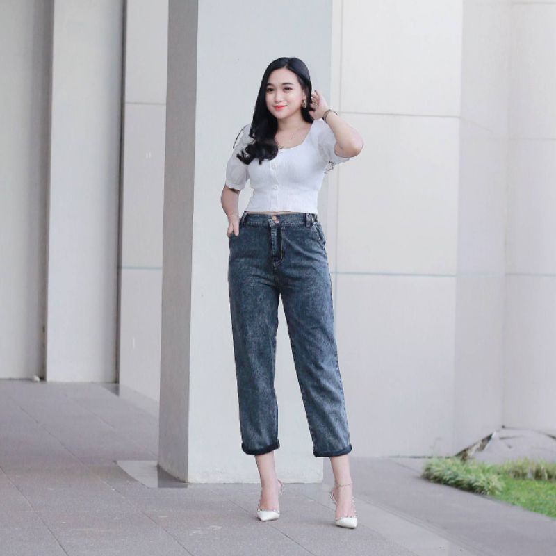 CELANA JEANS BOYFRIEND // Celana jeans BF highwaist pinggang karet kancing 2