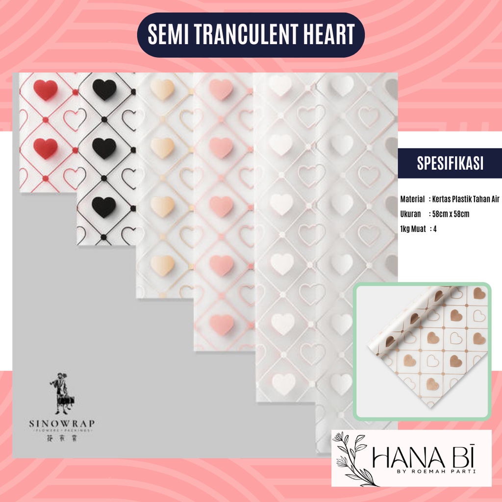 

5 Lembar Cellophane Semi Translucent Heart Kertas Buket Korea Bungkus Bouquet Waterproof Bunga Flower Wrapping Paper Kado P.AXFS
