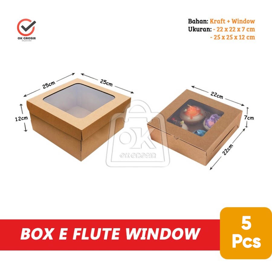 

Dus Box Kotak Eflute Window Mika / Box Kue Packing Coklat Kraft (5 pcs)