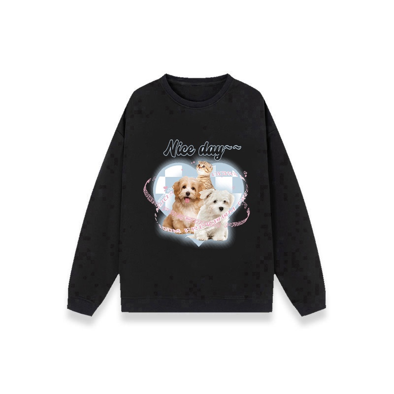 Kaos Stasan Wanita Oversize Couple Sweater American Vintage Cute Cat Cartoon Graphic Priting Top Kekinian Casual Sweater