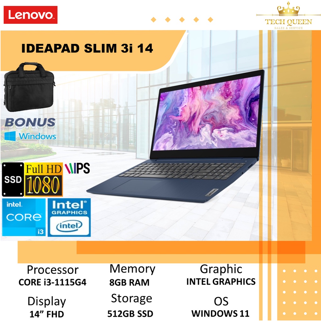 LENOVO IDEAPAD SLIM 3I 14 - I3 1115G4 8GB 512SSD WINDOWS 11+OHS 14.0 INCHI FHD BLIT 2YR PREM BLU