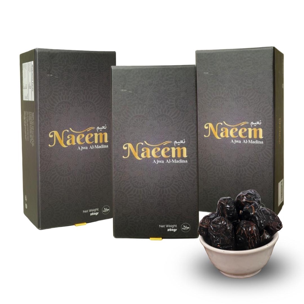 

Kurma Ajwa Naeem 260gr 2pcs (Free Ajwa Naeem 260ml + Free Baby Gold) Ajwa Al-Madinah Asli
