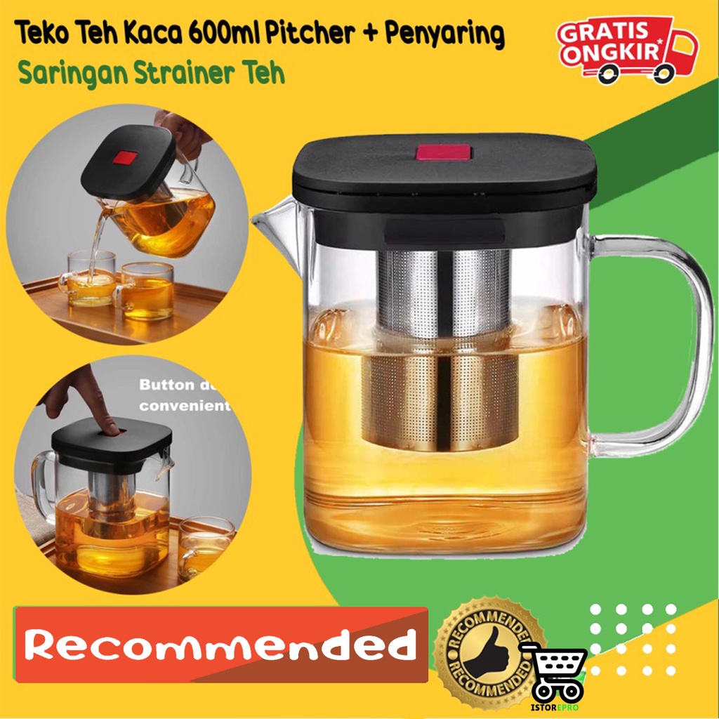 Teko Teh Kaca 600ml Pitcher + Penyaring Saringan Strainer Teh
