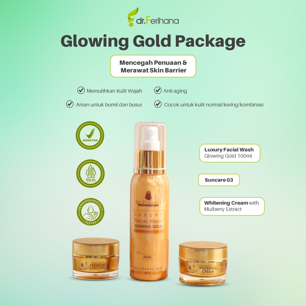 [Paket Glowing Gold] Dr. Ferihana (Luxury Facial Wash &amp; Suncare 03 &amp; Whitening Cream) Tidak Untuk Kulit Berjerawat Mencerahkan Melembabkan Wajah Menghilangkan Flek &amp; Bintik Hitam Skincare Original BPOM