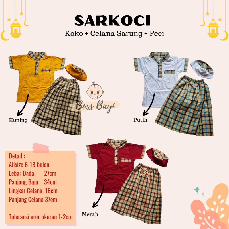 BOSS BAYI - SARKOCI / Koko + Celana Sarung + Peci Anak Laki-Laki Allsize 6-18bulan Kombinasi Motif Kotak