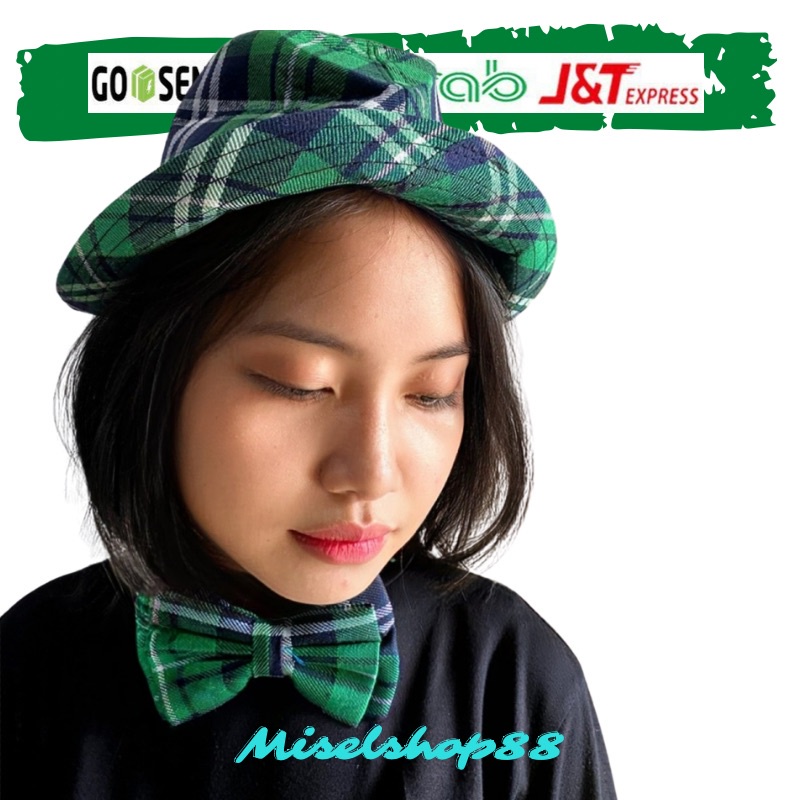 1 set topi dan dasi kupu kupu motif hijau