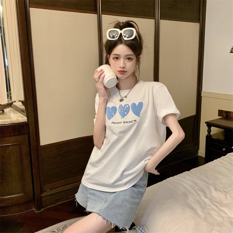 100% cotton baju kaos wanita lengan pendek korean style blue heart graffiti print t-shirt import kaos puith ootd